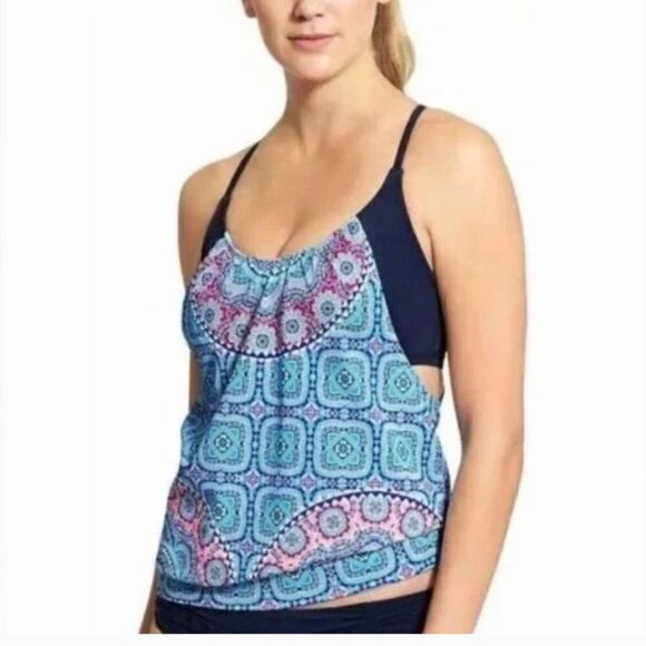 Athleta FIJI Blousy Tankini Top Womens 34B/C Swim Beach Wear Blue - Picture 1 of 11